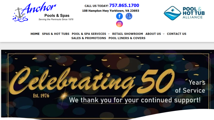 Screenshot of Anchor Pools & Spas website