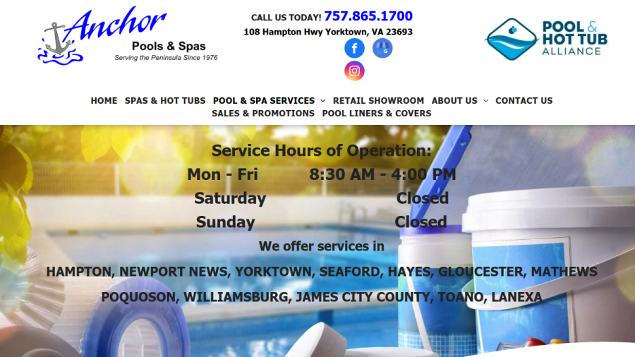 Screenshot of the Anchor Pools & Spas website
