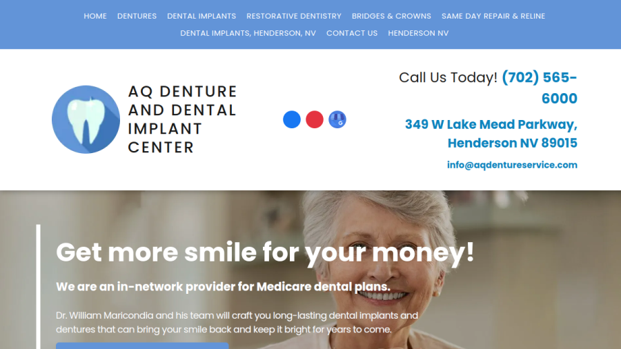 AQ Denture and Dental Implant Center website screenshot