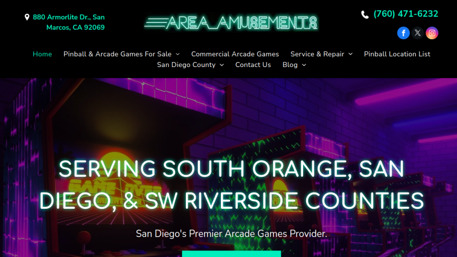 Website screenshot of Area Amusements
