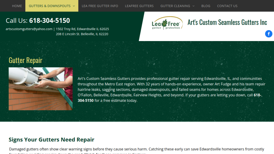 Screenshot of the Art's Custom Seamless Gutters Inc website