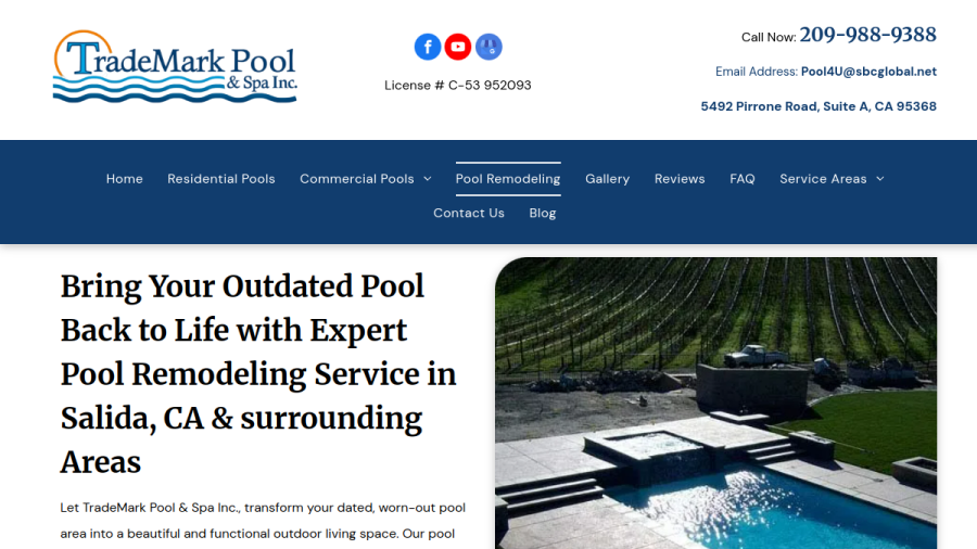 Screenshot of the Trademark Pool and Spa website