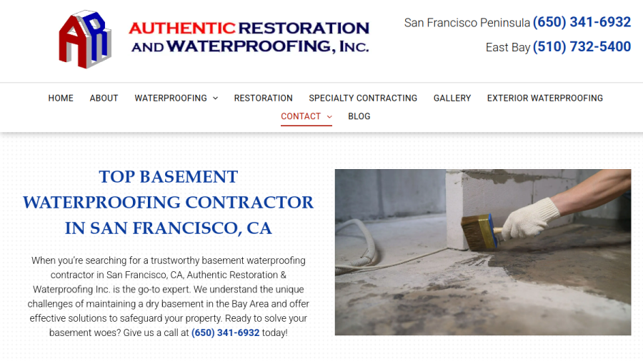 Screenshot of the Authentic Restoration & Waterproofing Inc website