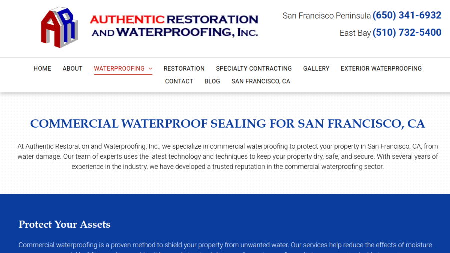 Screenshot of the Authentic Restoration & Waterproofing Inc website