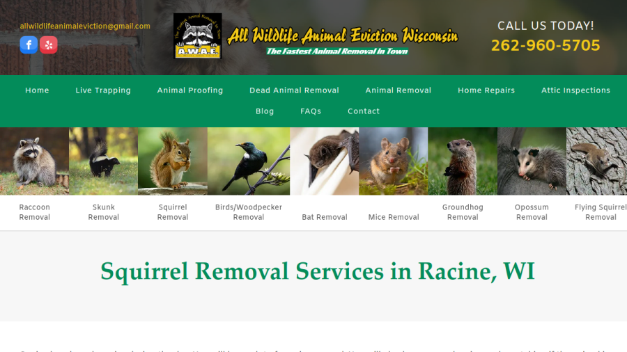 Screenshot of the All Wildlife Animal Eviction - Wisconsin website