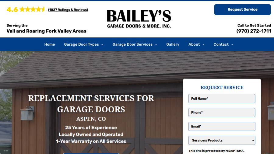 Screenshot of the Bailey's Garage Doors and More Inc website