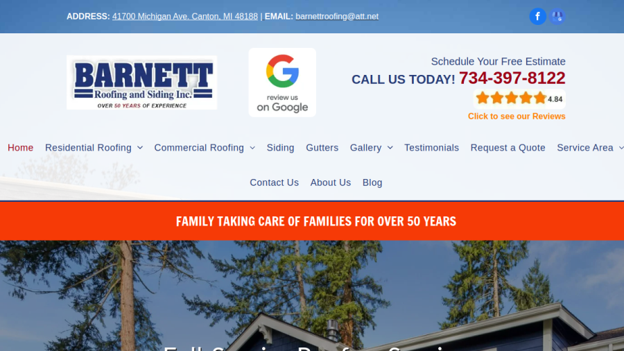 Screenshot of the Barnett Roofing & Siding Inc website