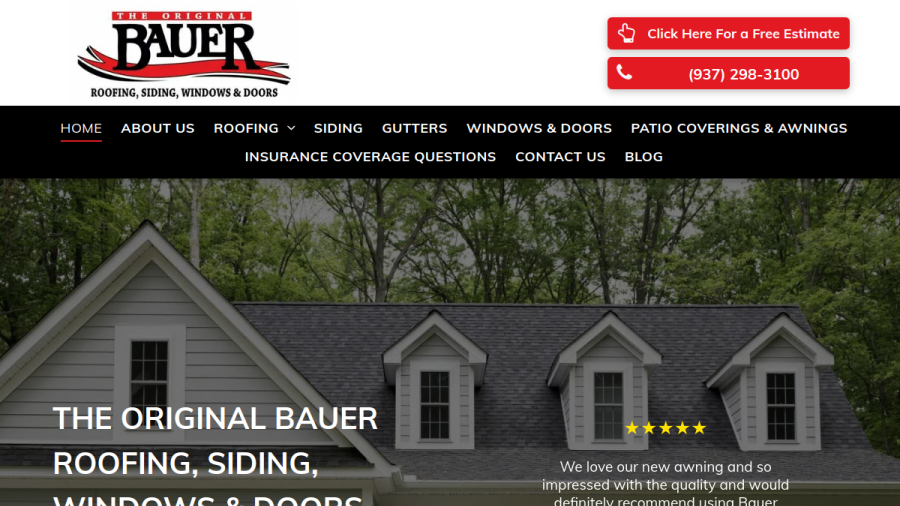 Bauer Roofing Siding Windows & Doors Inc. website screenshot