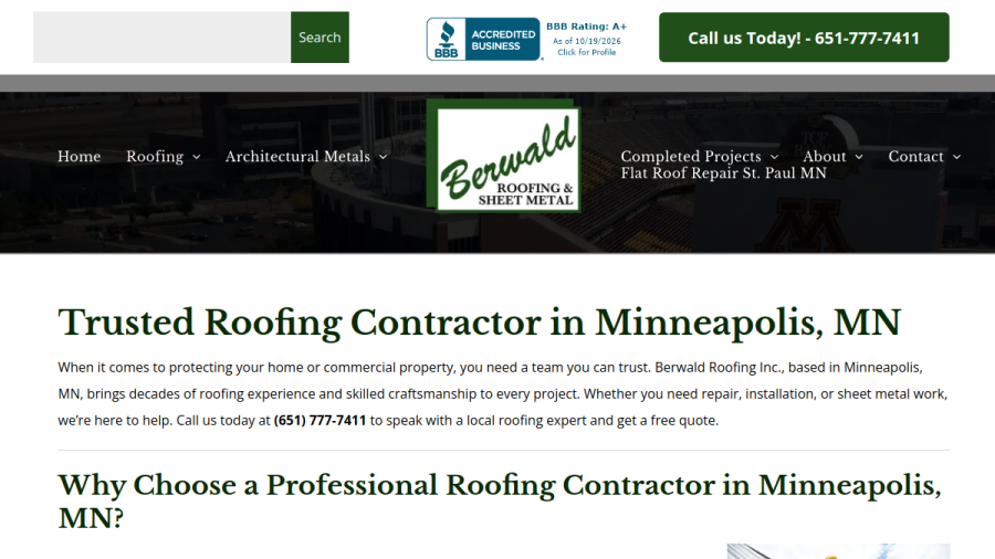 Screenshot of the Berwald Roofing Inc website