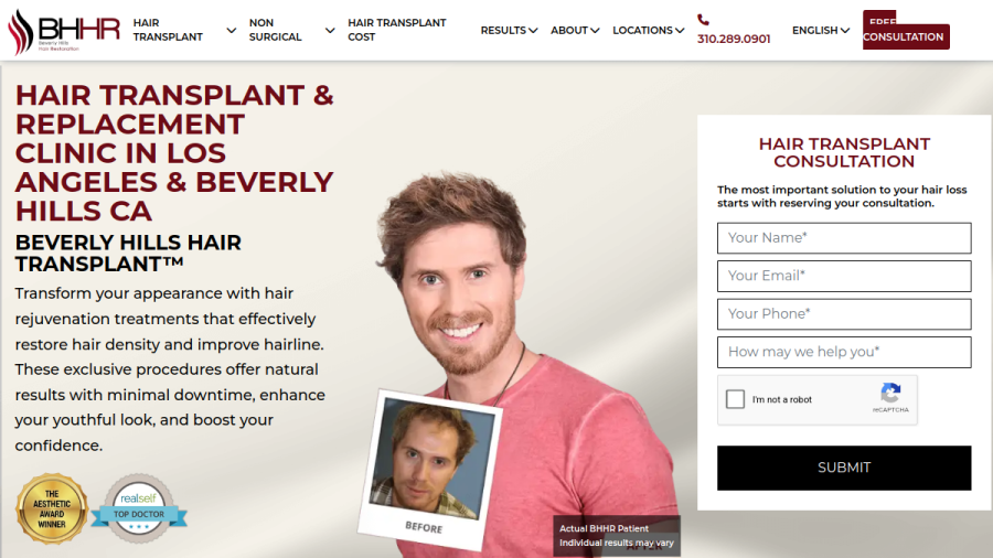 Screenshot of Beverly Hills Hair Restoration website