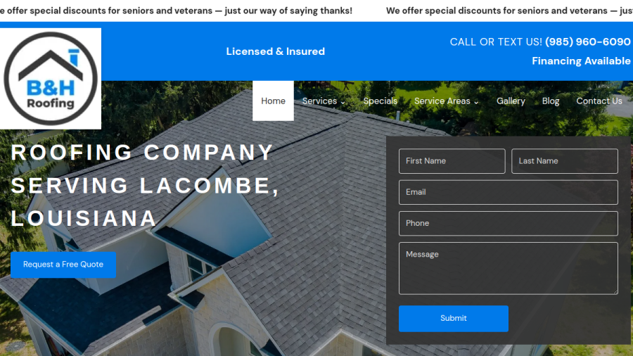 Screenshot of B&H Roofing website