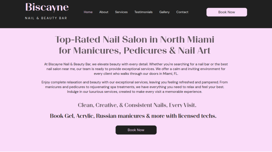 Screenshot of the Biscayne Nail & Beauty Bar website