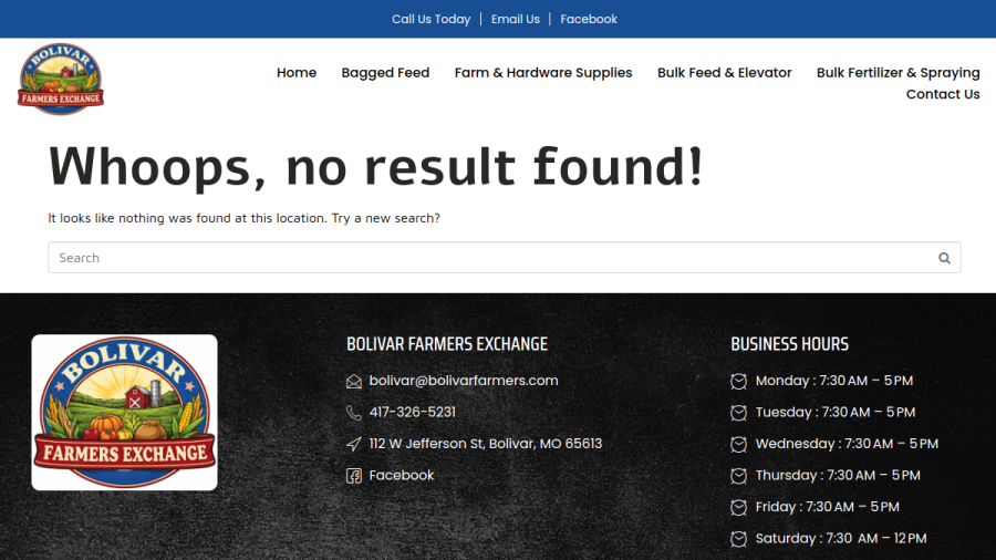 Website screenshot of Bolivar Farmers Exchange