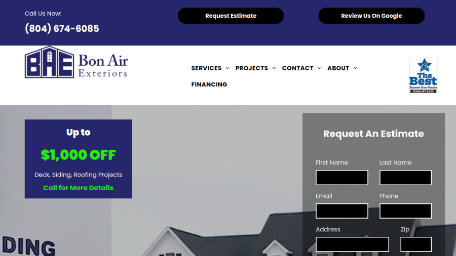 Screenshot of the Bon Air Exteriors website