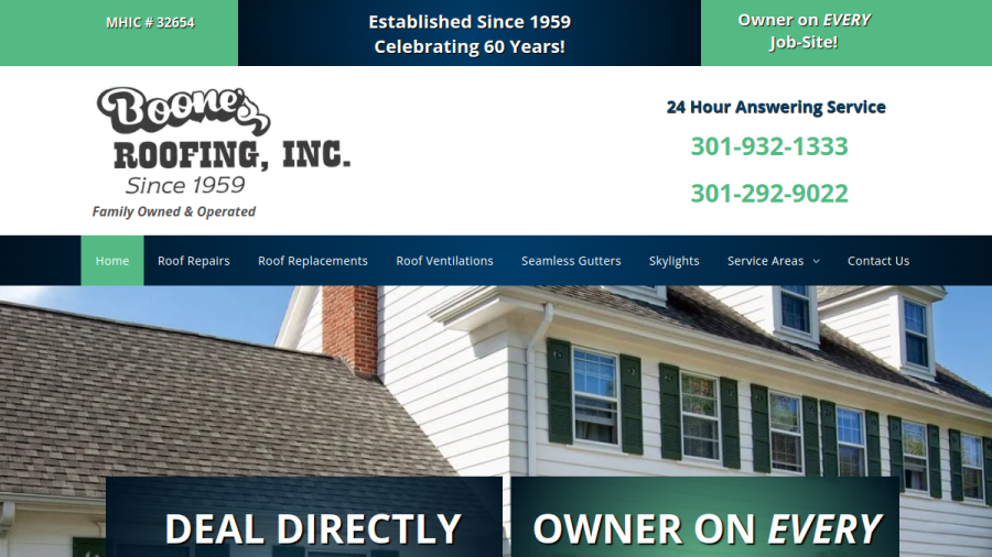 Screenshot of Boone's Roofing Inc website