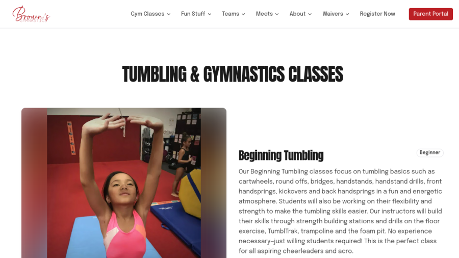 Screenshot of Brown's Gymnastics website