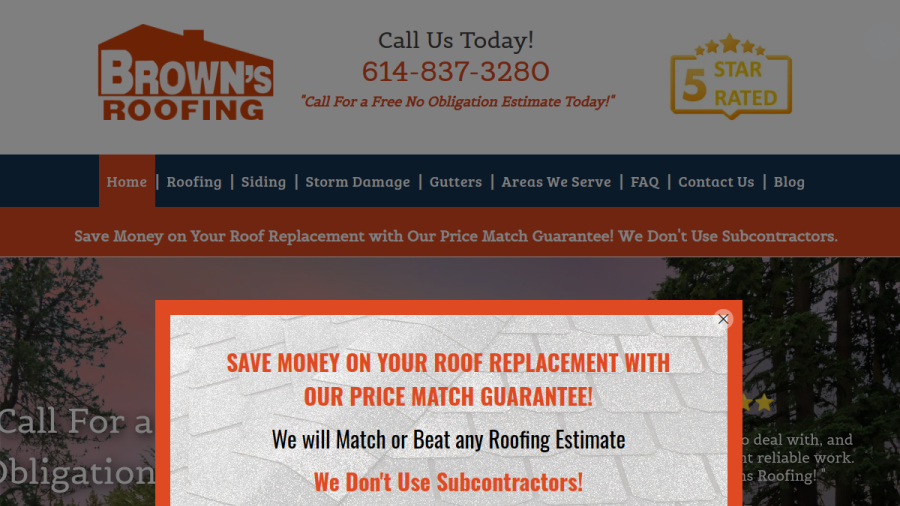 Screenshot of the Brown's Roofing website