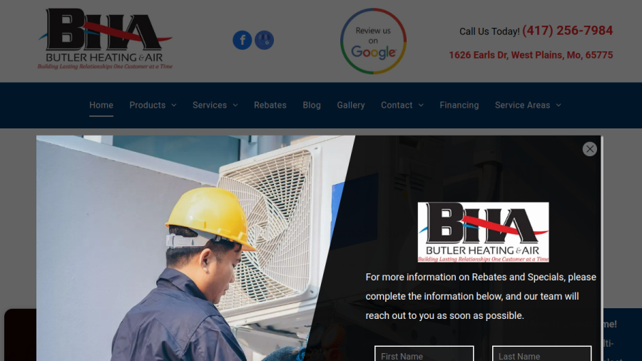 Screenshot of the Butler Heating & Air website