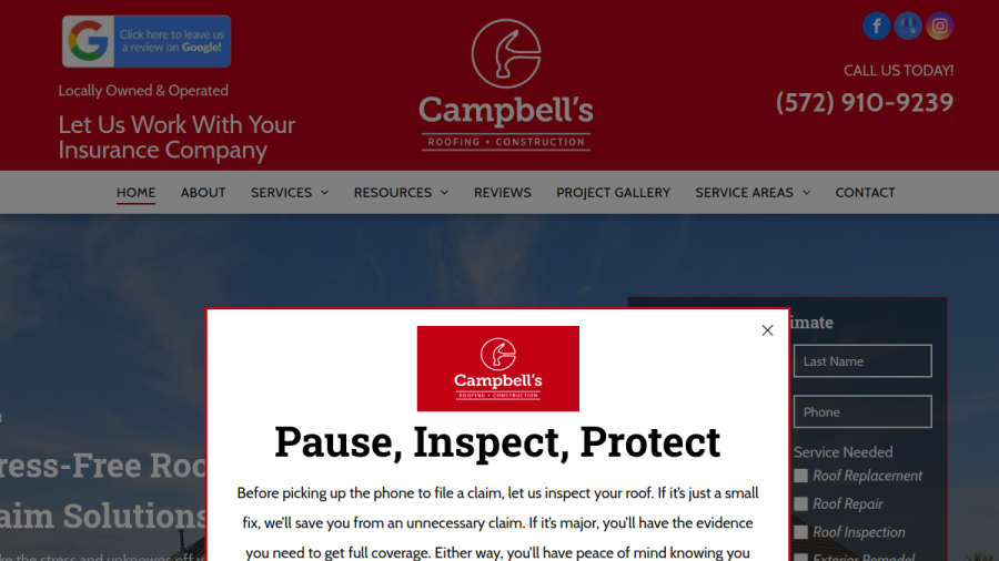 Screenshot of the Campbell's Roofing & Construction website