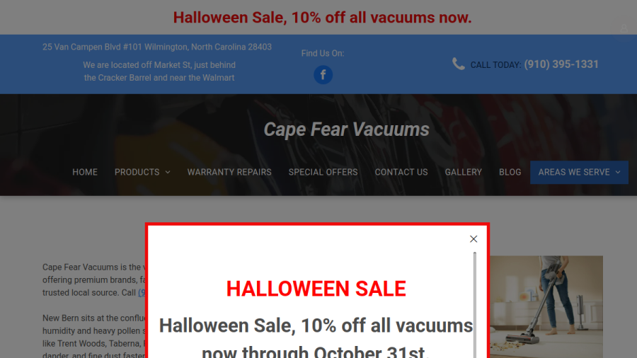 Screenshot of the Cape Fear Vacuums website