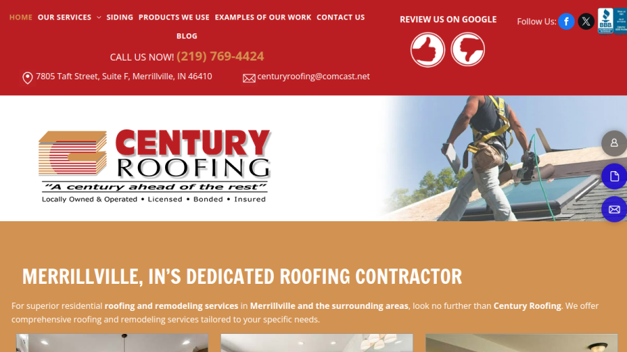 Screenshot of Century Roofing Company Inc website