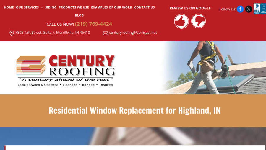 Screenshot of the Century Roofing Company Inc website