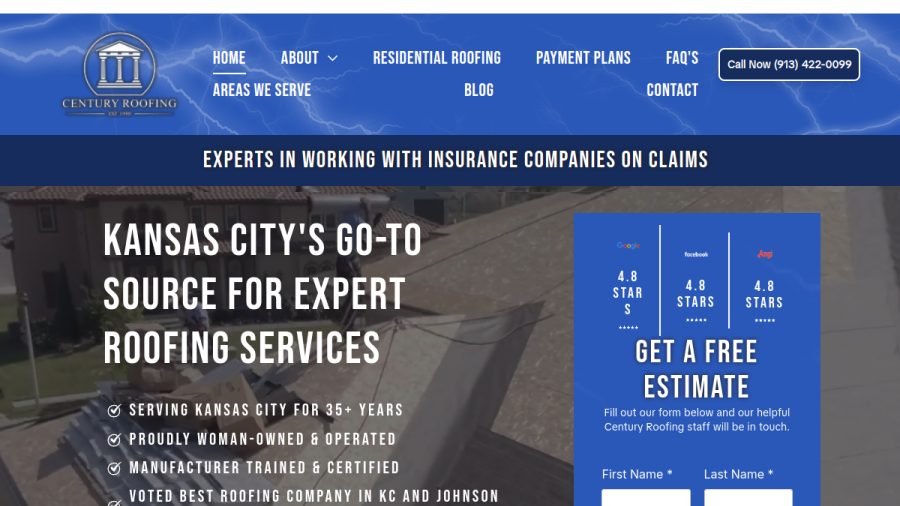 Screenshot of the Century Roofing website