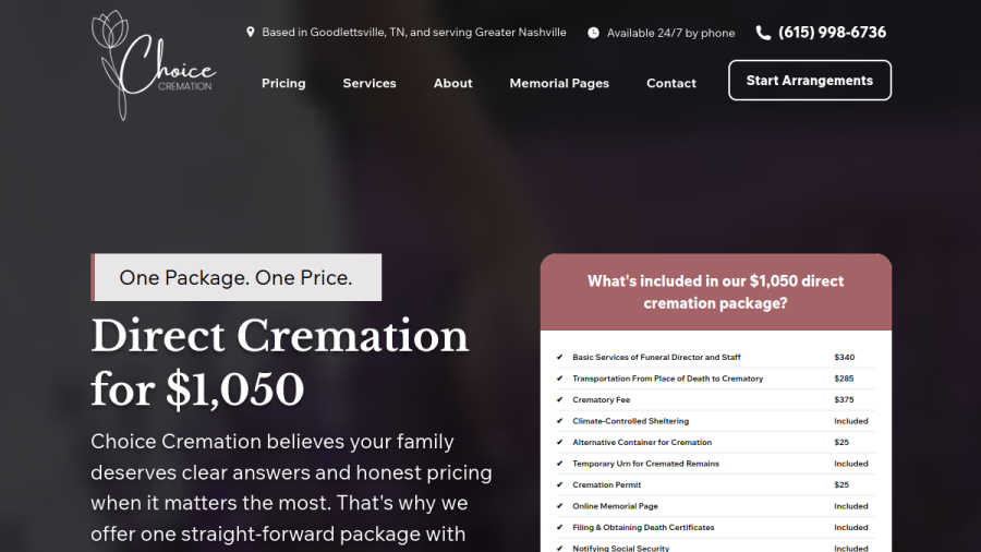Screenshot of the Choice Cremation website
