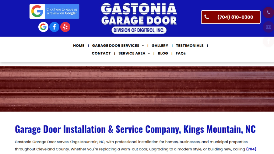 Website screenshot of Gastonia Garage Door Division of Digitrol Inc