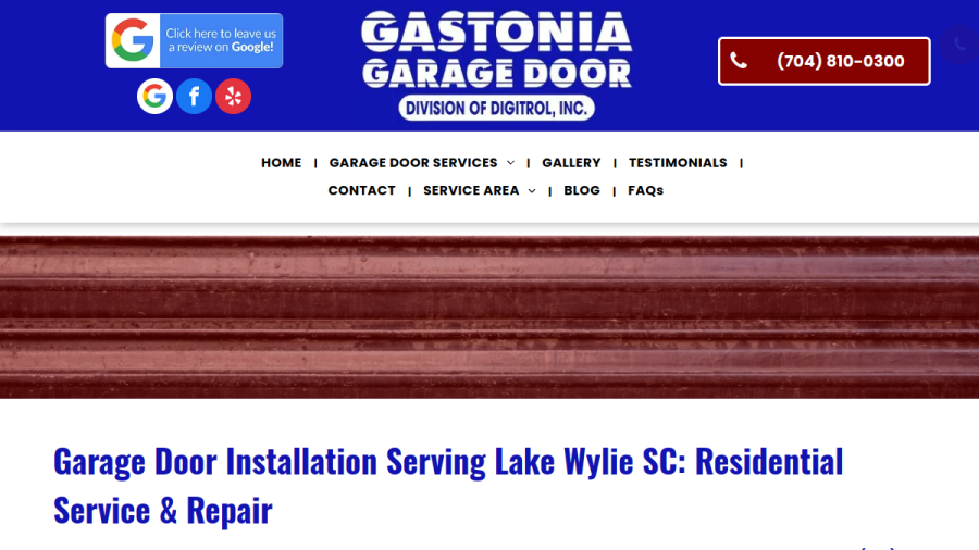Screenshot of the Gastonia Garage Door Division of Digitrol Inc website