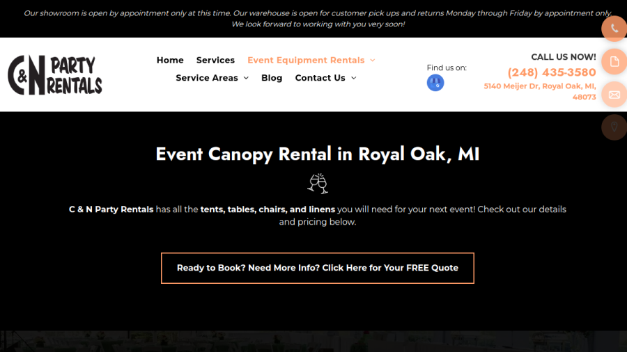 Screenshot of C & N Party Rental website