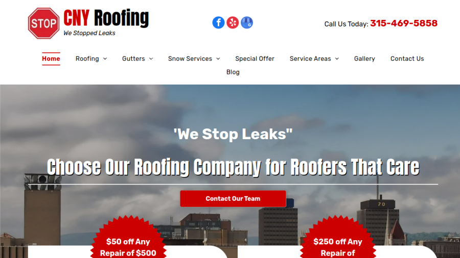 Screenshot of the CNY Roofing Co website