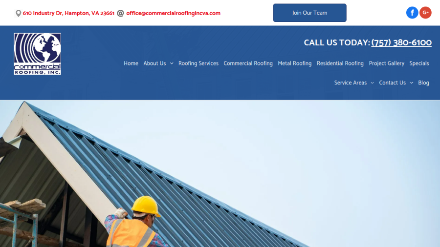Screenshot of the Commercial Roofing Inc website
