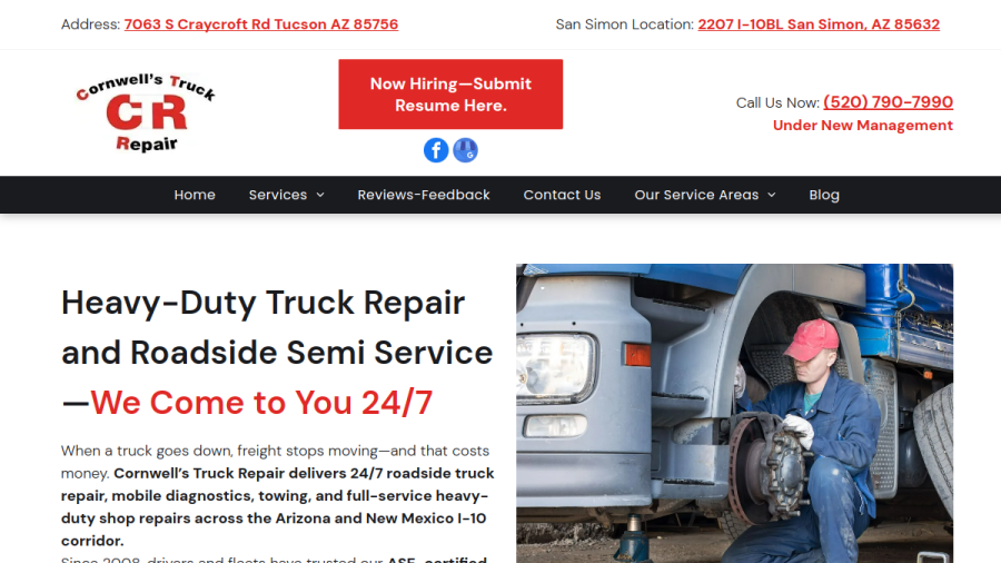 Screenshot of the Cornwell's Truck Repair website