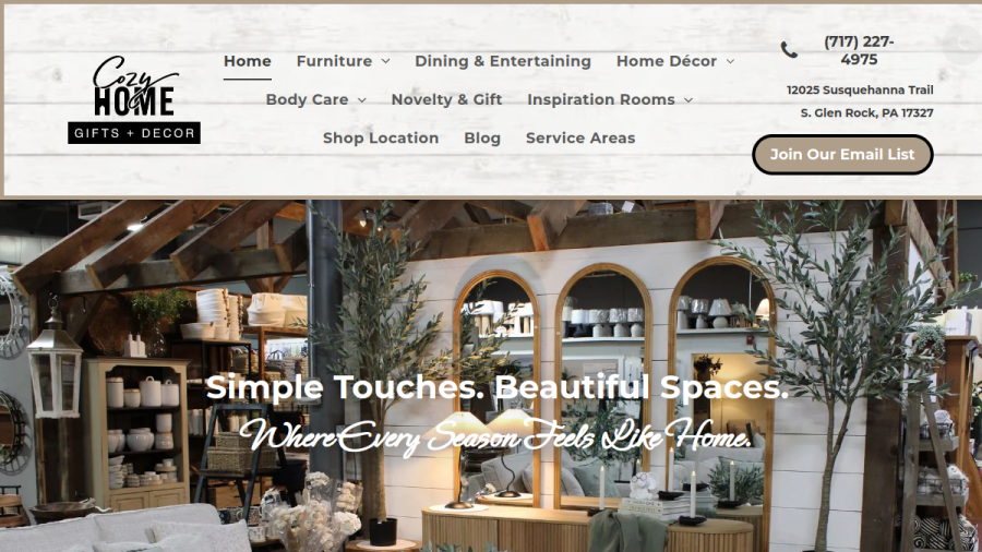 Screenshot of the Cozy Home Gifts + DÃ©cor website