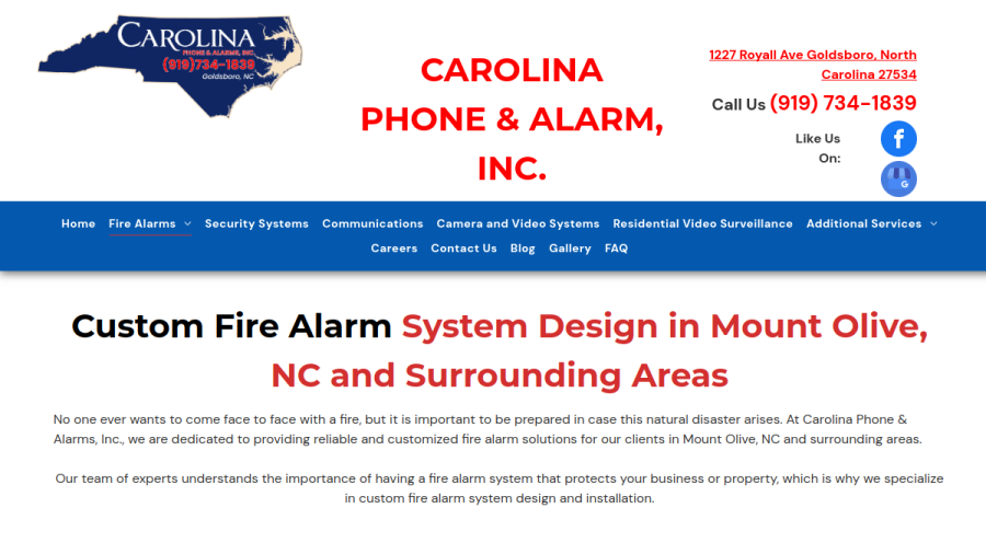 Website screenshot of Carolina Phone and Alarms, Inc.