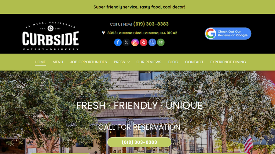 Screenshot of the Curbside Eatery & Drinkery website