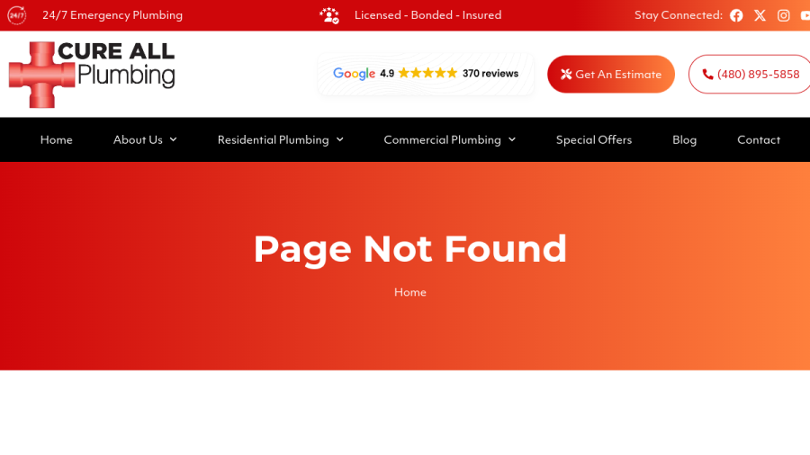 Cure All Plumbing website screenshot