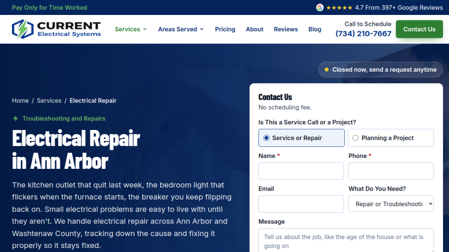 Screenshot of the Current Electrical Systems website