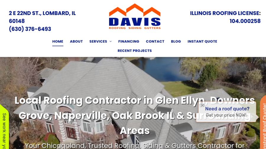 Screenshot of the Davis Roofing, Inc website