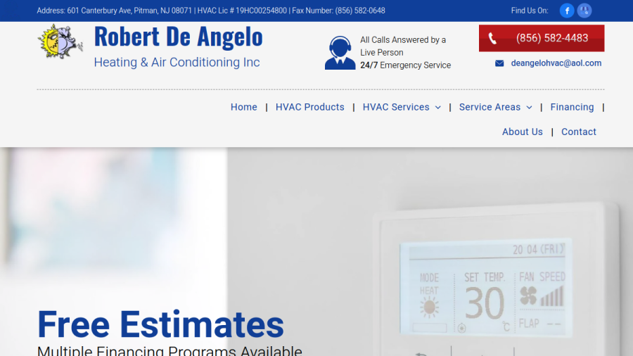 Screenshot of the Robert De Angelo Heating & Air Conditioning website
