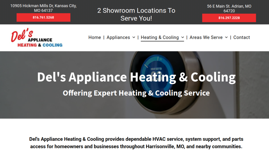 Screenshot of Del's Appliance Heating & Cooling website