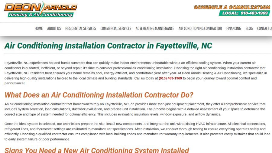 Screenshot of the Deon Arnold Heating & Air Conditioning website