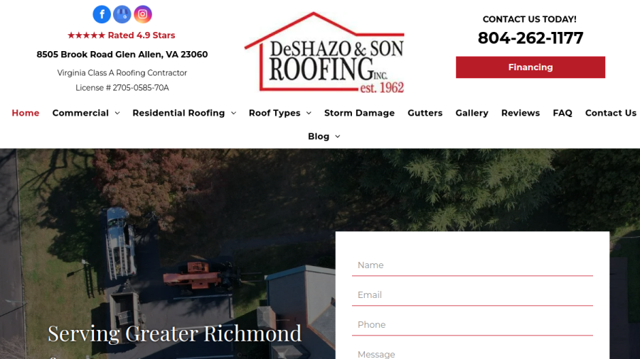 Screenshot of DeShazo and Son Roofing website