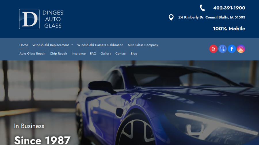 Screenshot of the Dinges Auto Glass website