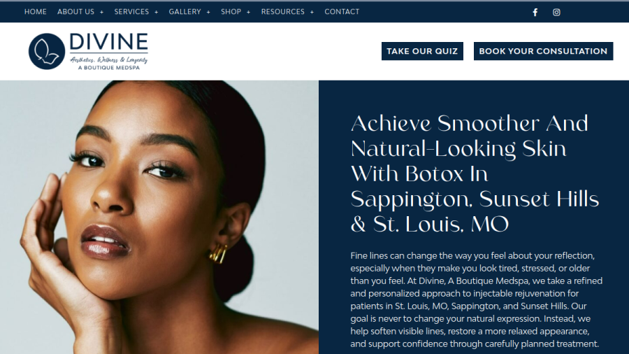 Website screenshot of Divine, A Boutique Medspa