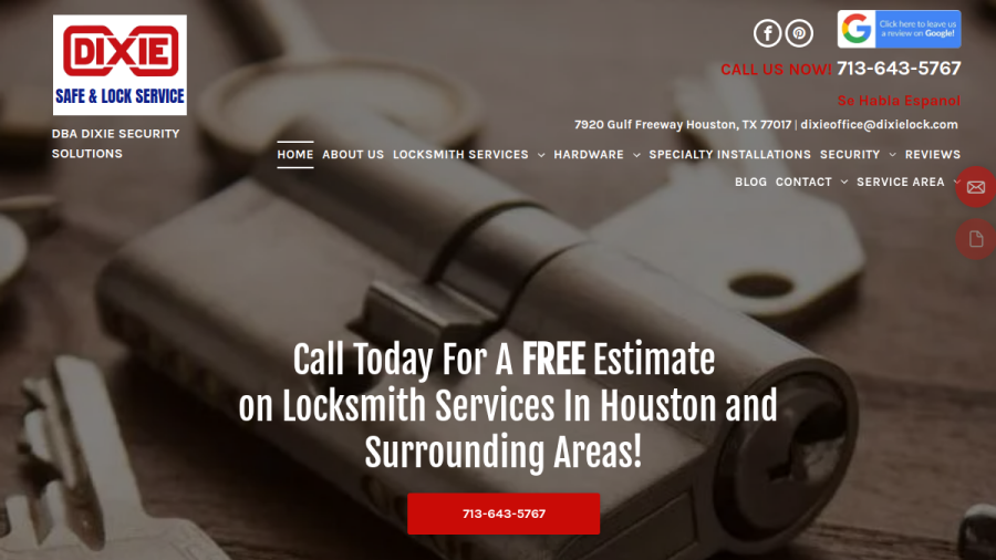 Website screenshot of Dixie Safe & Lock