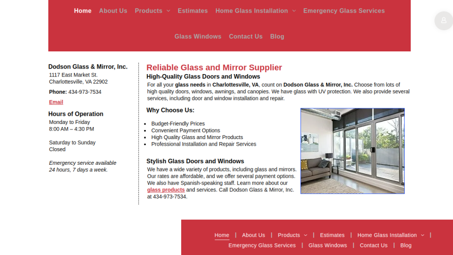 Screenshot of the Dodson Glass & Mirror, Inc. website