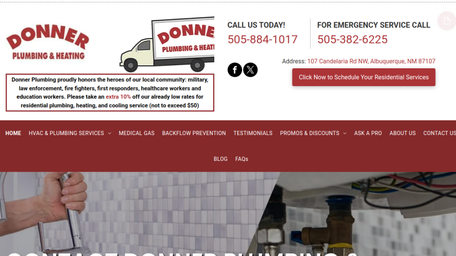 Screenshot of the Donner Plumbing & Heating, Inc. website