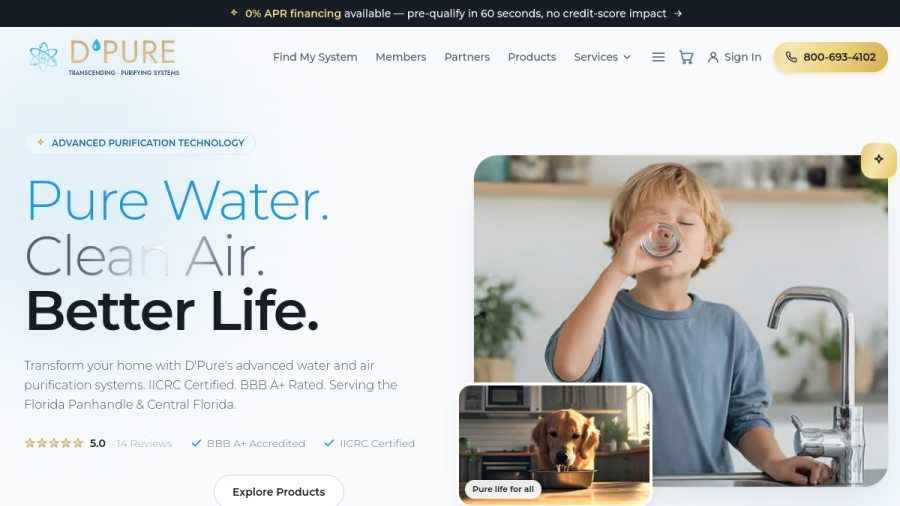 D'Pure water filtration and air quality website